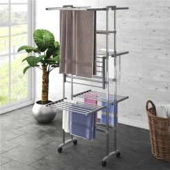 3-Tier Laundry Drying Rack With Wheels Silver 60x70x166 Cm