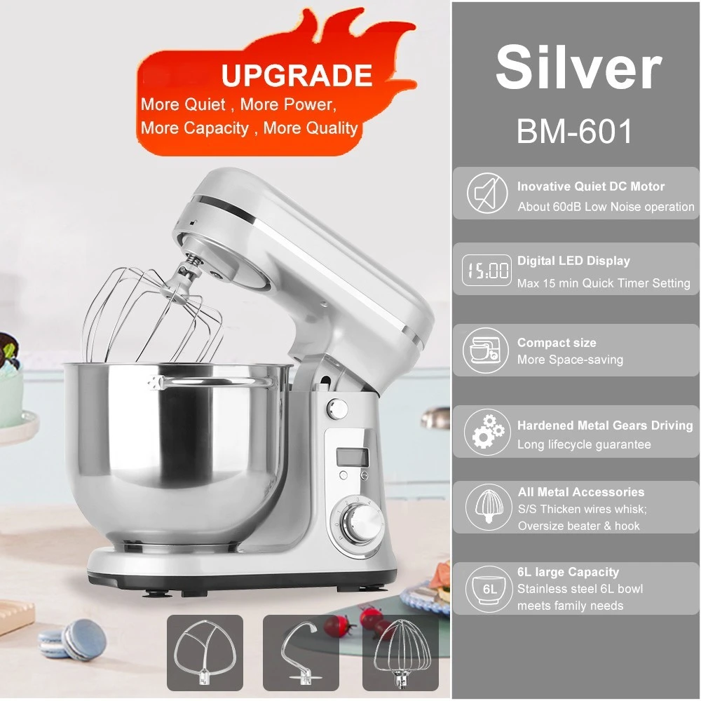 BioloMix BM601 1200W Kitchen Food Stand Mixer, Cream Egg Whisk, Cake Dough Kneader, 6L Capacity, Stainless Steel Bowl, 6-Speed, LED Display - Silver 2 BioloMix BM601 1200W Kitchen Food Stand Mixer, Cream Egg Whisk, Cake Dough Kneader, 6L Capacity, Stainless Steel Bowl, 6-Speed, LED Display - Silver - Image 2