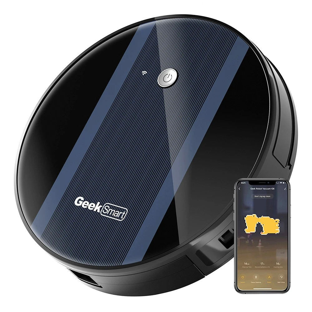 Geek Chef G6 Smart Robot Vacuum Cleaner, Ultra-Thin, 1800Pa Strong Suction, Automatic Self-Charging, 500ml Dustbin, 2600mAh Capacity, 100min Runtime, WiFi Connection, App Control 1 Geek Chef G6 Smart Robot Vacuum Cleaner, Ultra-Thin, 1800Pa Strong Suction, Automatic Self-Charging, 500ml Dustbin, 2600mAh Capacity, 100min Runtime, WiFi Connection, App Control