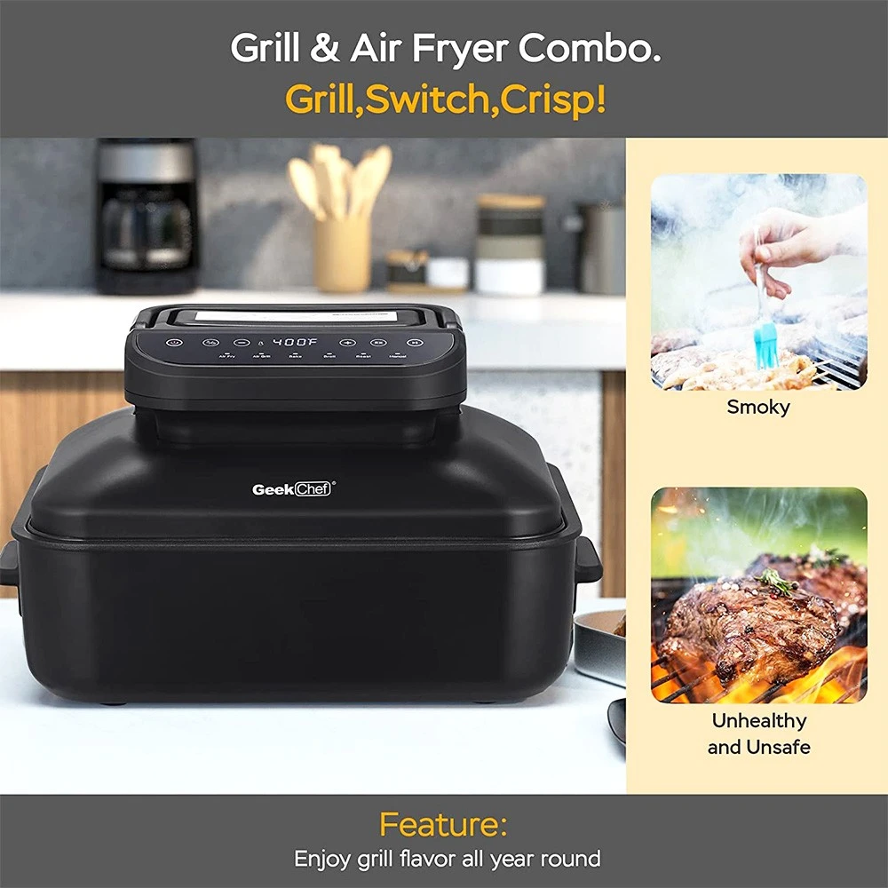 Geek Chef GFG06 7 In 1 Air Fryer Electric Indoor Grill Combo, 1500W Power, 6QT Capacity, Preset Function, Removable Non-Stick Plate, 60min Timer 2 Geek Chef GFG06 7 In 1 Air Fryer Electric Indoor Grill Combo, 1500W Power, 6QT Capacity, Preset Function, Removable Non-Stick Plate, 60min Timer - Image 2