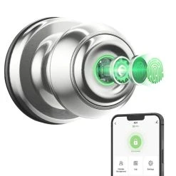Geek Chef GeekTale K01-05 Smart Door Knob, Biometric Fingerprint Door Lock, App Control, Emergency Backup Keys - Silver