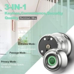 Geek Chef GeekTale K01-05 Smart Door Knob, Biometric Fingerprint Door Lock, App Control, Emergency Backup Keys - Silver -JIMMY Shop Geek Chef GeekTale K01 05 Smart Fingerprint Door Knob Silver 519132 3