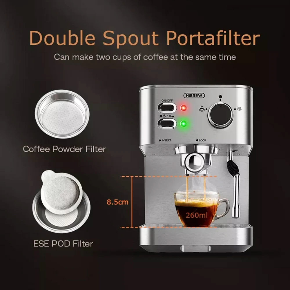 HiBREW H10 1050W Coffee Maker, 20 Bar Semi-Auto Coffee Machine, ESE Pod/Ground Coffee Espresso Maker, 1.5L Capacity 3 HiBREW H10 1050W Coffee Maker, 20 Bar Semi-Auto Coffee Machine, ESE Pod/Ground Coffee Espresso Maker, 1.5L Capacity - Image 3