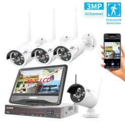 Hiseeu 4Pcs 8CH 3MP 1536P Wireless Security Cameras Kit Outdoor Waterproof CCTV System Set With 10.1inch Monitor NVR