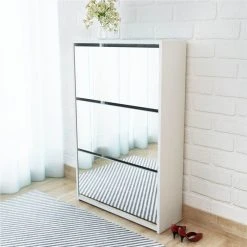 Shoe Cabinet 3-Layer Mirror White 63x17x102.5 Cm