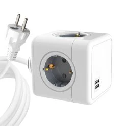 Sopend E04A Multifunctional Powercube Power Strip Socket, EU Plug, 1.5m Extension Cord, 4 Outlets, 2 USB-A Ports - Grey And White