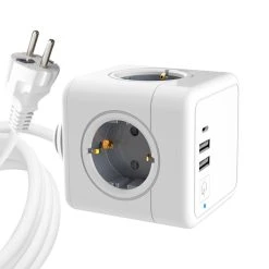 Sopend E04C Powercube Power Strip Socket With Switch, EU Plug, 1.5m Extension Cord, 2 USB-A Ports, 1 USB-C Port - Grey And White