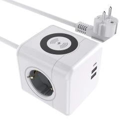 Sopend E07 Powercube Power Strip Socket, EU Plug, 15W Wireless Charging, 3 USB Ports, 3 Outlet, 1.5m Cord - Grey And White