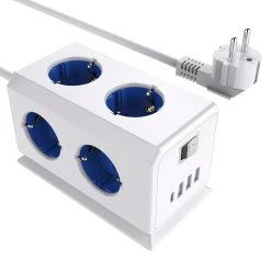 Sopend E08 Powercube Tower Power Strip Socket With Switch, EU Plug, 1.5m Extension Cord, 4 USB Ports, 6 Outlet - Blue