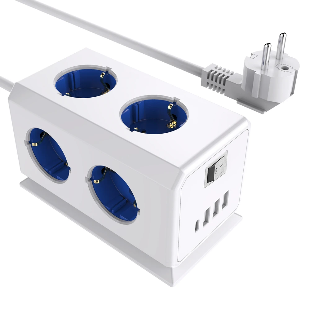 Sopend E08 Powercube Tower Power Strip Socket With Switch, EU Plug, 1.5m Extension Cord, 4 USB Ports, 6 Outlet - Blue 1 Sopend E08 Powercube Tower Power Strip Socket With Switch, EU Plug, 1.5m Extension Cord, 4 USB Ports, 6 Outlet - Blue