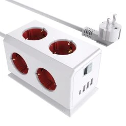 Sopend E08 Powercube Tower Power Strip Socket With Switch, EU Plug, 1.5m Extension Cord, 4 USB Ports, 6 Outlet - Red