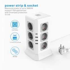 Sopend E11 Vertical Tower Power Strip Socket With EU Plug, 4 USB Ports, 12 AC Outlets Power Socket With 2m Cable -JIMMY Shop Sopend E11 Vertical Tower Power Strip Socket with EU Plug White 513538 4