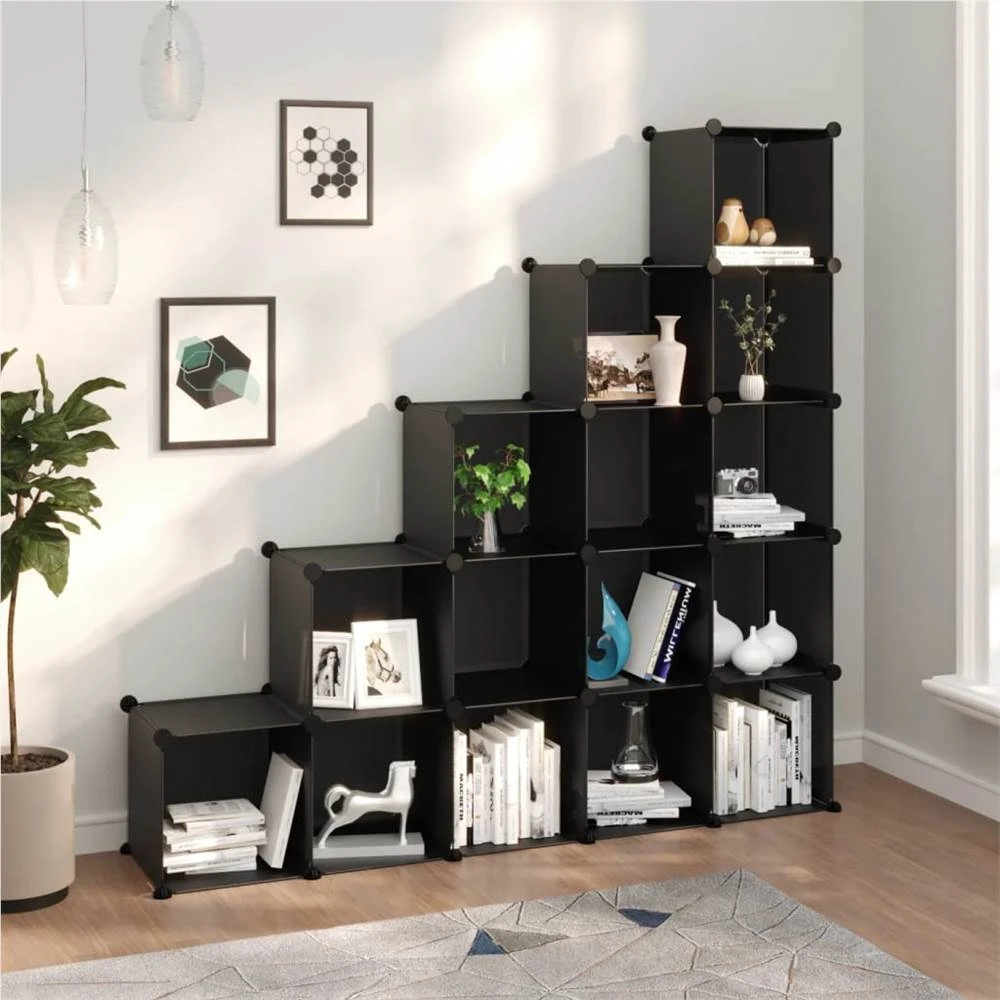 Storage Cube Organiser With 15 Cubes Black PP 1 Storage Cube Organiser With 15 Cubes Black PP